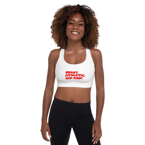 Queen's 'Nerdy. Athletic. Hip-Hop!' Padded Sports Bra (White)